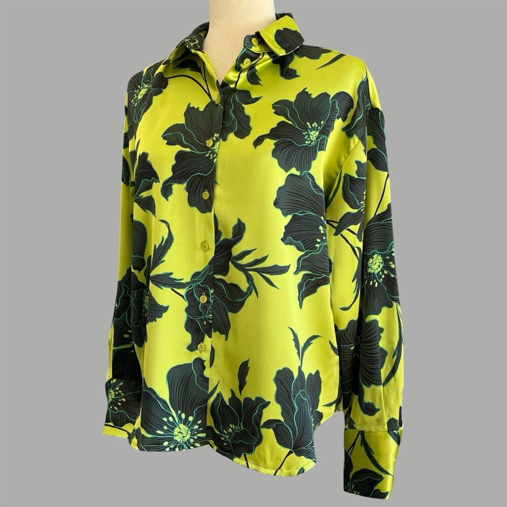 Bailey 44 Chartreuse Green Botanical Top S Whimsy Romantic Silky Button Up Shirt